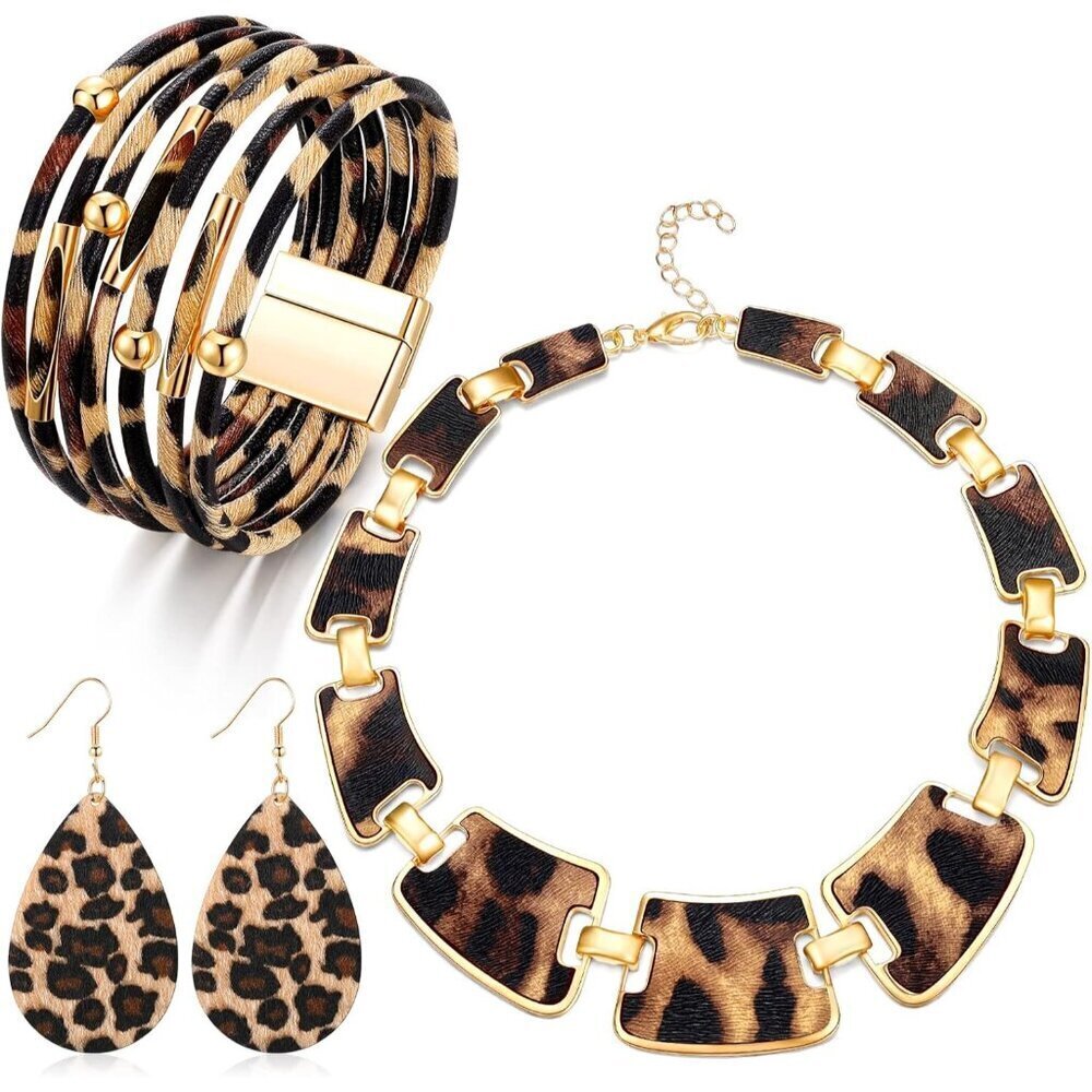 Leopard Print Jewelry Set Leather Necklace Cuff Earrings Women Party Accessories